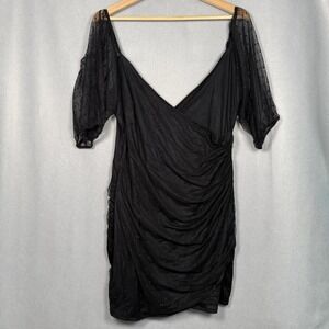 ASOS Black Mesh Mini Dress LBD Goth Whimsigoth Ruched Puff Sleeve Sz 14